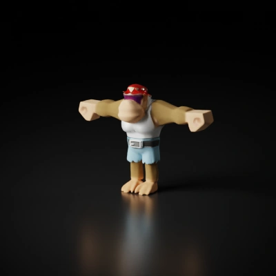 Large anthropomorphic gorilla-like character wearing shorts and goggles.