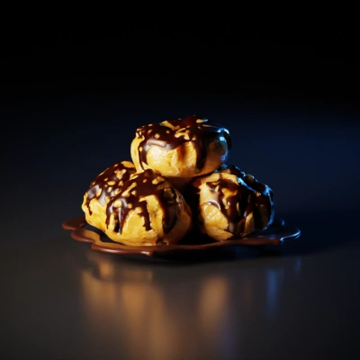 Cream dessert topped with chocolate sauce.