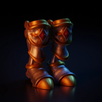 Fantasy metallic boots with intricate design.