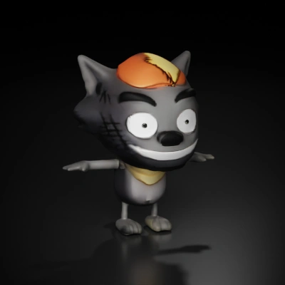 Wolf-like animated character, 3D model, with a bandana.
