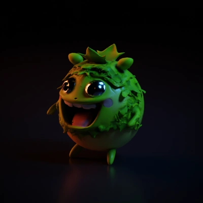 Round creature with leafy hair, playful expression, character, symmetric geometry, smooth edges.