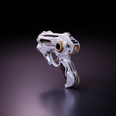 Futuristic energy pistol, intricate design, sci-fi.