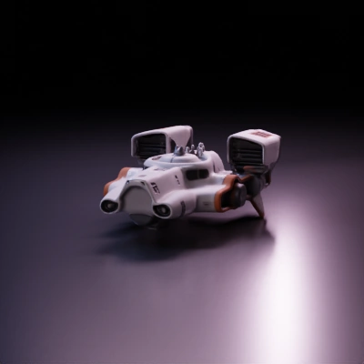 Futuristic spaceship with industrial details and thrusters.