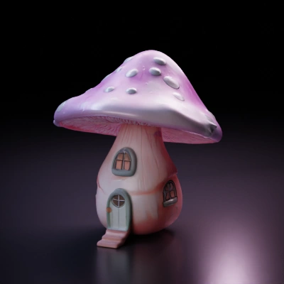 Whimsical mushroom house, door and windows, cartoon.