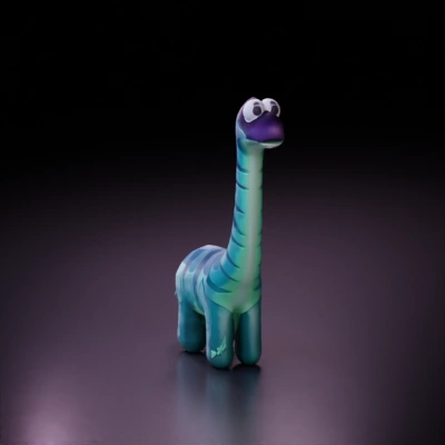 Cartoonish dinosaur, large eyes, long neck.