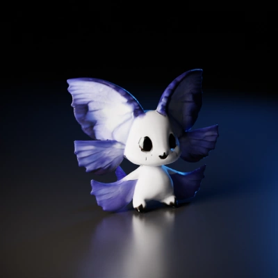 Winged fantasy creature, bat-like ears, large eyes, antenna.