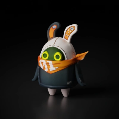 Cyborg bunny with a bandana, cute and quirky design.