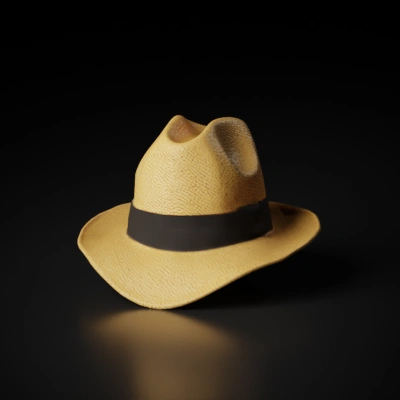 Straw fedora hat with black band.