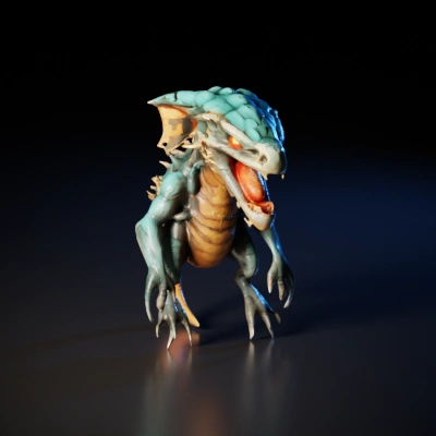 Dragon-like creature, scaly body, large wings, fierce expression.