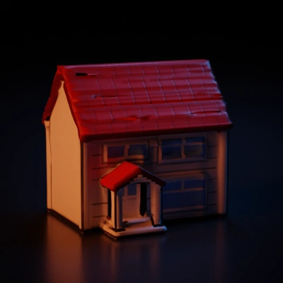 low poly  two-story building with chimney.