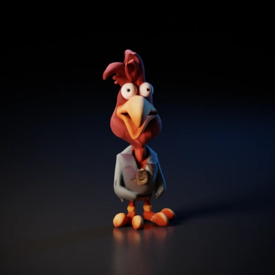 Cartoonish rooster with anthropomorphic features.