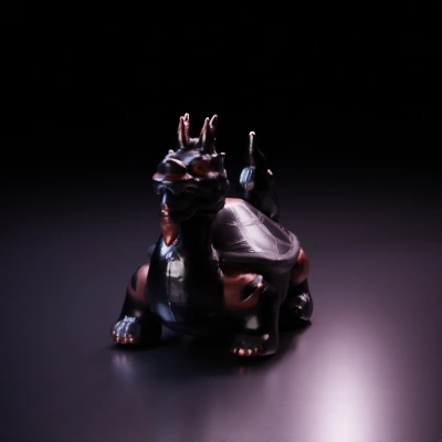 Dragon-turtle creature, crouching on four limbs, mythical design.