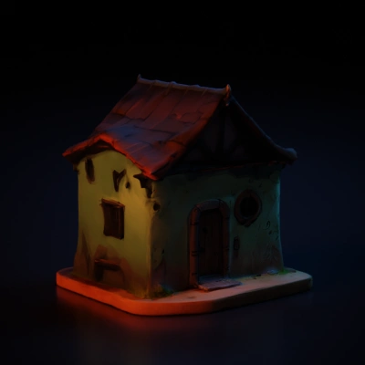 Small fairy-tale cottage with wooden roof.