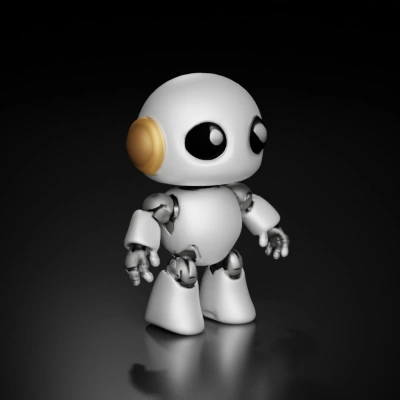 Small humanoid robot with rounded features.