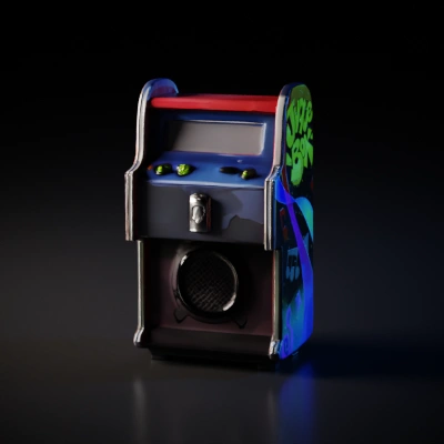 Retro jukebox with visible buttons and speaker.