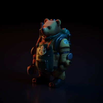 Bear in futuristic armor with mechanical arms.