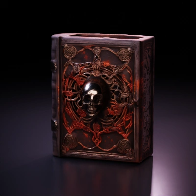 Ancient mystical book with intricate skull design, magical theme.