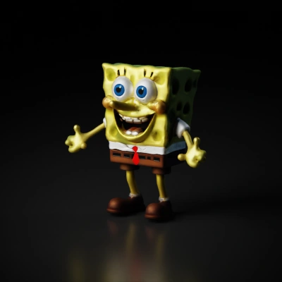 Humanized sponge, cartoon character, smiling, spreads arms.