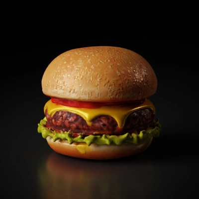 Hamburger with cheese, lettuce, tomato.