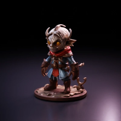 Fantasy creature, short figure, carved wood texture, ancient clothing.