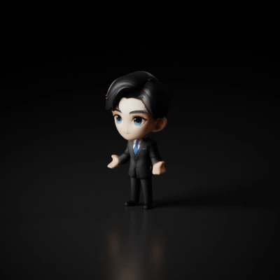 Chibi businessman with suit, animated style.