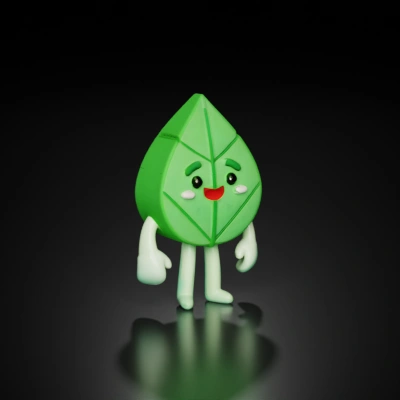 Leaf-based cartoon character, happy and cute.