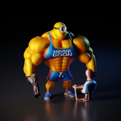 Muscular cartoon character wearing blue shorts and tank top, holding large gun.