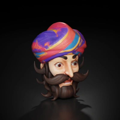 Animated character with turban, mustache, expressive face.