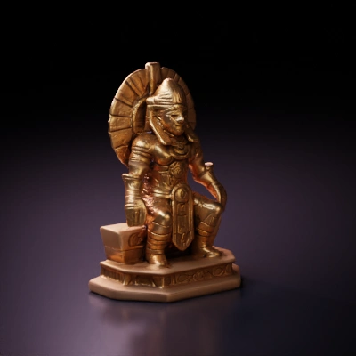 Ancient warrior-like statue, sitting, ornamental details.