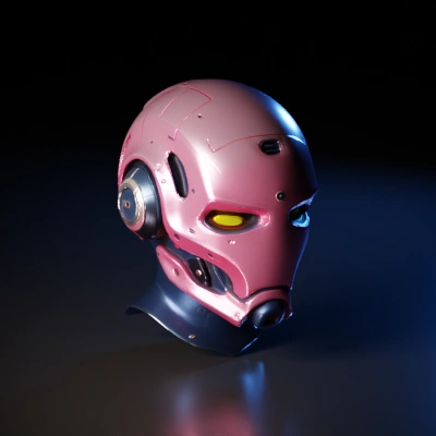 Futuristic helmet with glowing eyes.