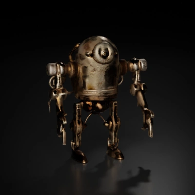 Vintage robotic figure, steampunk aesthetic, equipped with accessories.