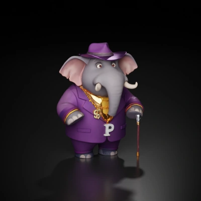 Elephant in purple suit with hat.