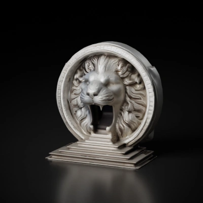 Lion head entrance with open mouth, grand stairs.