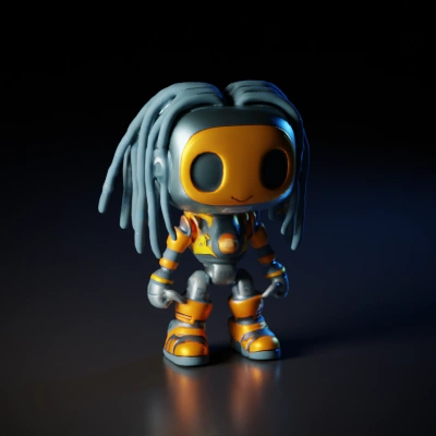 Robotic character with helmet and antennas.