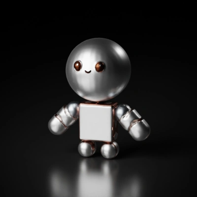 Robot with round head, simple limbs, smiling face.
