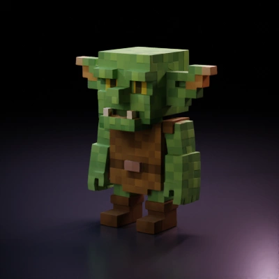 blocky green goblin character in brown tunic.