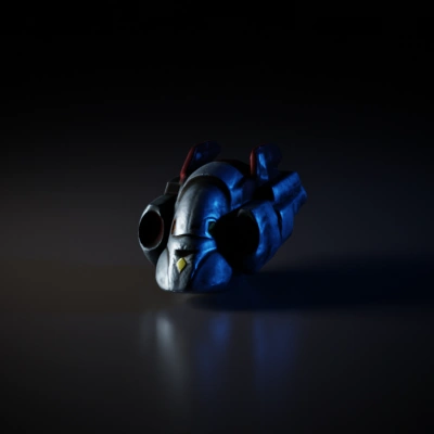 Pilot in futuristic, armed spacecraft.