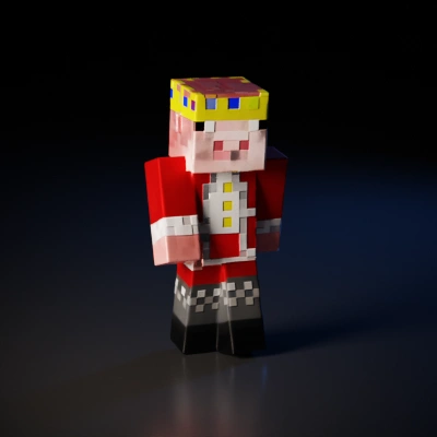 Pixelated humanoid pig wearing a crown and royal attire.