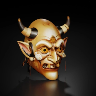 Demonic mask with horns, fierce expression.