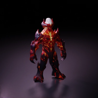 Molten lava humanoid with rugged armor, fiery texture.