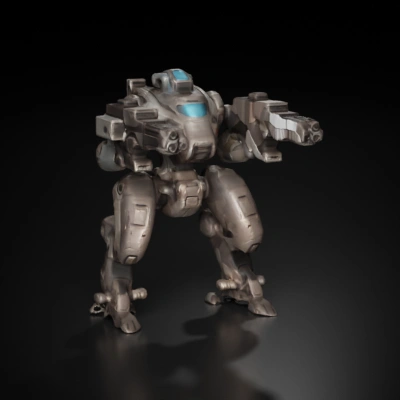 Giant battle-ready mech with laser weapons, four legs.