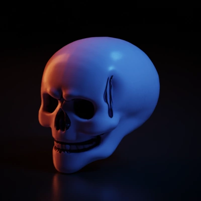 Human skull with cartoon-like features.