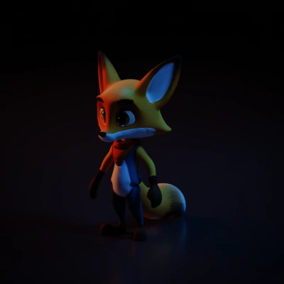 Cartoon fox character in overalls.