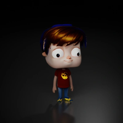 Cartoon boy character with large eyes and spiky hair.
