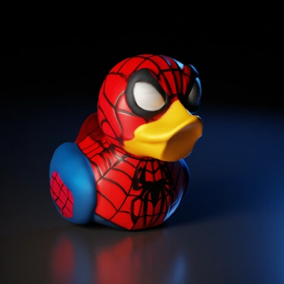 Rubber duck dressed like Spiderman from the Marvel universe.