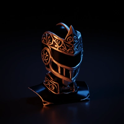 Medieval knight helmet with intricate carvings.