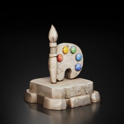 Stone sculpture of paintbrush and palette. (don't add colours like in the image, make all stone texture)
