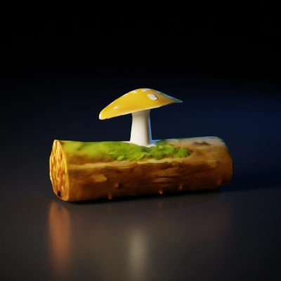 Mushroom growing on wooden log, slight moss.