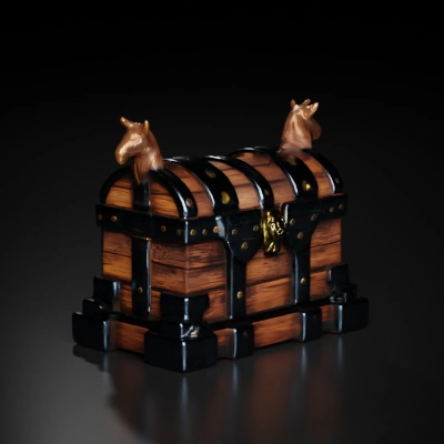 Wooden treasure chest with metal reinforcement, horse head carvings.