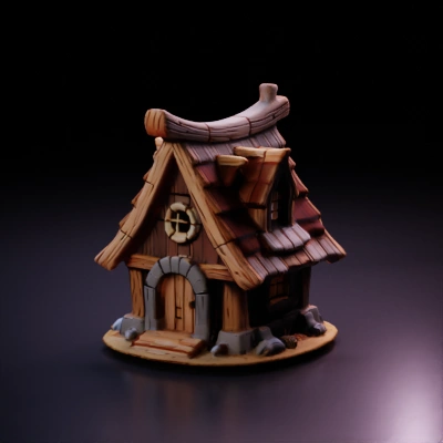 Fairytale-style wooden cabin, cartoonish design.